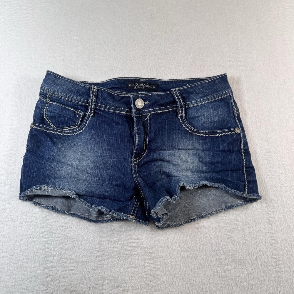 Southpole womens micro Jean shorts Denim Cut-Off Rhinestone Studded Frayed Hem